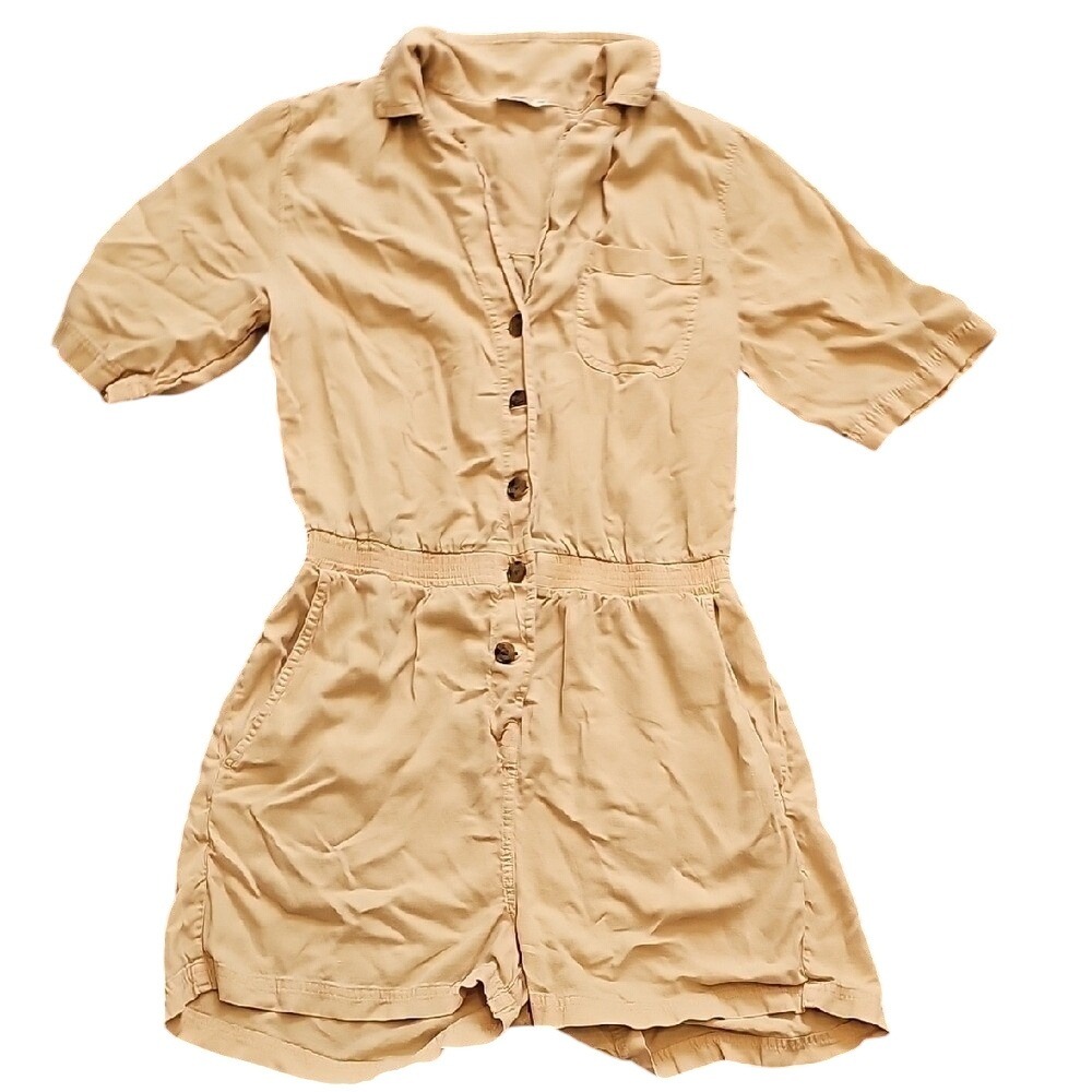 Faherty Utility Romper Womens M Tan Button Front Short Sleeve Casual - Picture 2 of 5